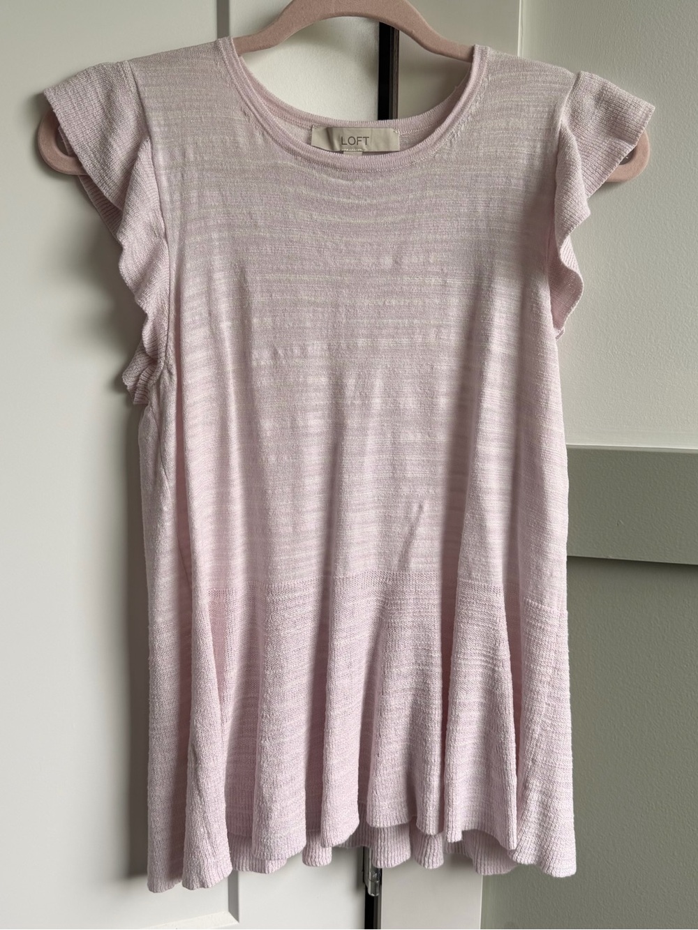 LOFT Pale Pink Ruffle Sleeve Knit Top Cotton Blend